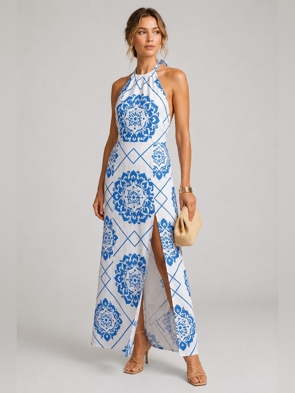 NWT 1.State Blue White Medallion Linen Blend Print Halter Maxi Dress Size XL - Picture 1 of 10